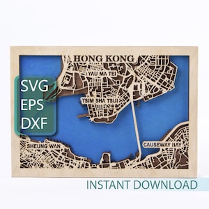Carte de Hong Kong, SVG multicouche, fichier CNC en bois 3D, découpe laser, décoration chinoise, fichiers DXF pour découpe plasma, design asiatique, téléchargement immédiat