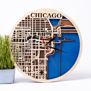 Carte en bois de Chicago, ville SVG, fichiers de coupe en couches, dessins du Michigan, carte 3D des États-Unis, horloge prête pour le laser, téléchargement immédiat, pour Cricut, Glowforge, CNC