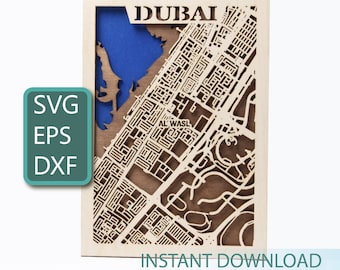 Mapa de madera 3D de Dubái: Paisaje urbano cortado a láser (descarga digital)