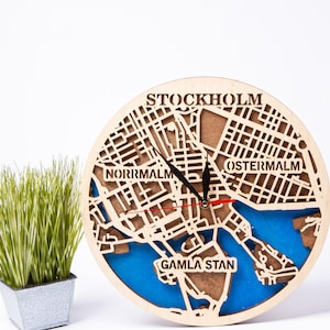 Kaart Stockholm Zweden, stadsstraat SVG, 3D gelaagde lasergesneden, digitale download, kloksjabloon, Glowforge-houtbestanden, Xtool Projects