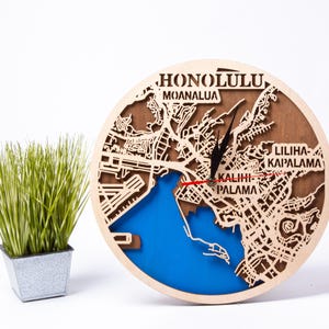 Honolulu City, Geschichte der Stadt, Karte, Hawaii Laser Cut, sofortiger digitaler Download, Multilayer-Vektorgrafik, USA Kunst, Holzhandwerk, 3D-Uhr-Design