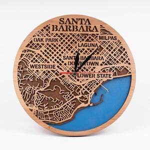 サンタバーバラ SVG、カリフォルニア木製地図、3D レーザー カッティング、レイヤー クロック、デジタル ダウンロード、シティ ストリート カットアウト、Cricut、Glowforge、Xtool
