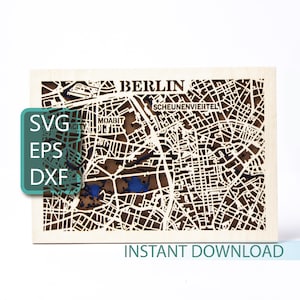 Kaart van Berlijn, Duitsland SVG, stad lasergesneden, gelaagd ontwerp, digitale download, Glowforge-houtbestanden, DXF-bestanden voor plasma, Europa-reiscadeau