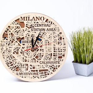 Kaart Milaan, Italië lasergesneden, stadsklok, 3D meerlaagse SVG, houten Cricut ontwerpen, CNC-sjabloon, kunst aan de muur Milaan, direct digitaal downloadbestand