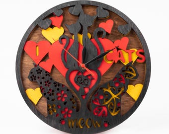 Archivos de corte láser de reloj de gato: Mandala SVG en capas, plantilla para fresadora CNC (descarga digital)