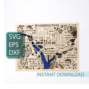 Mapa de Washington Wood, arquivos 3D SVG para Cricut, download instantâneo, corte a laser multicamadas, modelo DXF, recorte dos Estados Unidos, mapa da cidade SVG