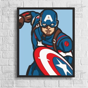 Capitán América SVG, corte láser de madera contrachapada, descarga digital de Los Vengadores, archivos en capas, caja de sombras de superhéroes, proyectos Cricut 3D, diseño Glowforge