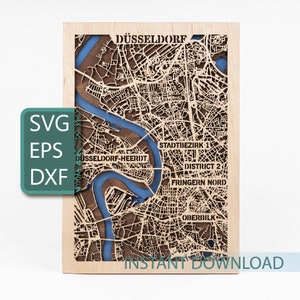 Dusseldorf, Alemanha SVG, arquivo de mapa cortado a laser, contorno da cidade, recortes de madeira, arte de parede europeia, modelo vetorial, download digital instantâneo