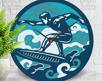 Surfing SVG: 3D Layered Clock Template, Laser Cut Design (Digital Download)
