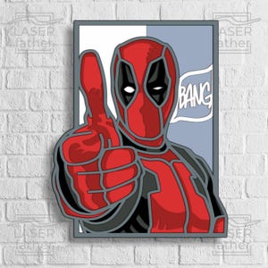 May include: A red and black illustration of Deadpool giving a thumbs up with a speech bubble that says "Bang!" in white text.