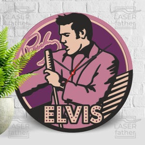 Elvis Presley SVG, Rei da Arte do Rock N Roll, Relógio de Corte a Laser, Design de Músico, Artesanato em Camadas 3D, Download Instantâneo, Glowforge, Cricut, CNC