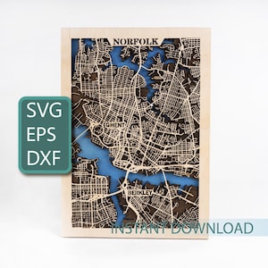 Art du Norfolk, ville SVG, carte de la Virginie, fichier laser des États-Unis, téléchargement numérique, superposition, découpes de bois, projets Glowforge