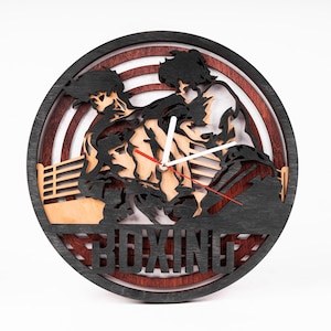 SVG de boxeo, diseño deportivo, corte láser de madera, manualidades en capas, descarga instantánea, archivo Glowforge, recorte de reloj, silueta de atleta, proyecto CNC
