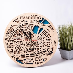 Carte de Hambourg, Allemagne, fichier laser, conception de la ville, découpe du bois Cricut, téléchargement numérique instantané, horloge vectorielle, modèle 3D en couches