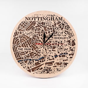 Nottingham, Vereinigtes Königreich Städte Karte, geschichtet SVG für Cricut, Sperrholz Laser geschnitten 3D-Dateien, Stadtuhren, Xtool Crafts, digitaler Download
