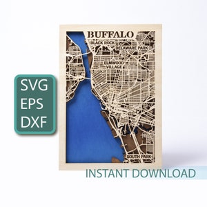 Buffalo City, Multilayer Map SVG, Laser Cut Design, New York State, USA DXF Datei, Sofort Download, Straßen Karte Wandkunst, Vektor Vorlage