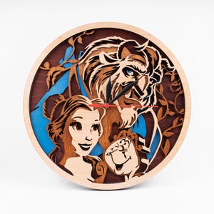 La Bella y la Bestia en capas, SVG de Bella, Proyectos de Cricut en madera, Corte láser de Disneyland, Descarga digital instantánea, Archivos de reloj para enrutador CNC