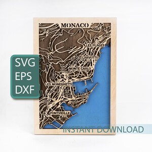 モナコ地図、モンテカルロ SVG、3D レイヤード ウッド アート、レーザー対応 DXF ファイル、デジタル デザイン、クリカット プロジェクト、ヨーロッパの装飾、CNC 切断ファイル