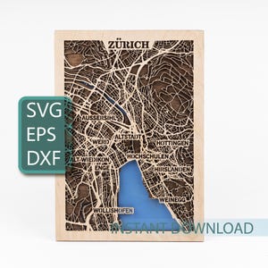 Kunst van Zürich, kaart van Zwitserland, Zwitsers decor, digitale download SVG DXF EPS, lasergesneden houtontwerpen, gelaagde ambachten, Glowforge-bestanden, reiscadeau
