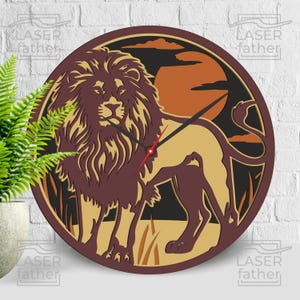 Lion découpé au laser, Safari animal SVG, conception 3D multicouche, horloge sauvage, art de la nature africaine, Cricut, Xtool, CNC, fichiers numériques à télécharger