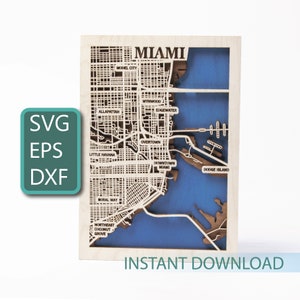 Miami SVG, Mapa 3D de Corte a Laser, Recorte da Flórida, Arte Digital da Cidade, Mapa de Madeira em Camadas, Contorno SVG dos Estados Unidos, Download Instantâneo, Projeto Cricut