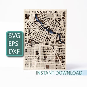 Kaart van Minneapolis, Wisconsin SVG, 3D-lasergesneden bestanden, gelaagde houtkunst, digitale download, vector van de VS, Cricut-sjabloon, knipsel Verenigde Staten
