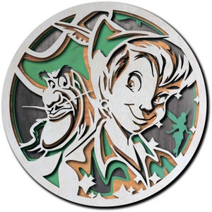 May include: A wooden wall clock featuring a silhouette of Peter Pan and Captain Hook. The clock face is green and features a wood grain texture. The background is a dark gray with white stars.
