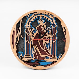 May include: A wooden clock with a blue and brown design. The clock features a silhouette of a couple standing in an archway with a crown above them. The clock hands are black and red.