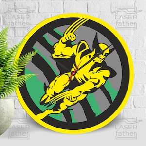 Archivo de corte láser de Wolverine, silueta de superhéroe SVG, plantilla de reloj en capas, recortes de madera contrachapada, proyectos 3D con Xtool, descarga instantánea