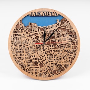 Kaart Jakarta, Indonesië-ontwerp, stadsuitsnede, 3D-houtlasersnede, CNC-ambachten, meerlaagse klok, digitale download, Glowforge-patroon, 3 lagen
