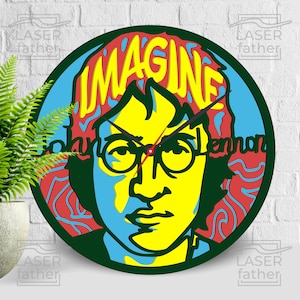 John Lennon Imagine SVG, Relógio dos Beatles, Silhueta de Músico, Design em Camadas de Madeira Compensada, Modelo Pronto para Laser, Corte CNC, Download Instantâneo