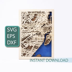 Carte de Montréal, Canada SVG, découpe laser multicouche, téléchargement numérique, cartes en bois 3D, Cricut, Glowforge, modèles CNC, art mural rues de la ville