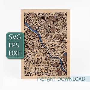 Kaart Warschau, Polen SVG, 3D-lasergesneden bestanden, houten stadsplattegrond, Glowforge-projecten, gelaagd ontwerp, Cricut snijden, Instant Download