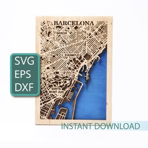 Mapa de Barcelona, Design da Espanha, Corte Cricut, SVG de madeira em camadas, Arquivos DXF prontos para laser, Projetos Glowforge, Mapa de ruas da cidade, Download instantâneo
