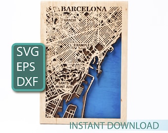 Barcelona Karte: Schichtholz SVG, Laser Cut Dateien (Digitaler Download)