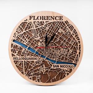 Carte de Florence en Italie, contour de la rue de la ville, 3D découpé au laser SVG, projet de superposition de bois, modèle d'horloge, téléchargement immédiat ai cdr svg, travaux manuels Cricut