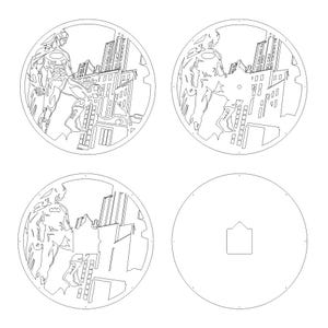 Pu&ograve; includere: Quattro disegni di arte di linea in bianco e nero di un supereroe in piedi di fronte a uno skyline cittadino. I disegni sono circolari e presentano un supereroe con un mantello e uno skyline cittadino con edifici alti.