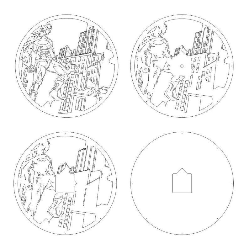 Pu&ograve; includere: Quattro disegni di arte di linea in bianco e nero di un supereroe in piedi di fronte a uno skyline cittadino. I disegni sono circolari e presentano un supereroe con un mantello e uno skyline cittadino con edifici alti.
