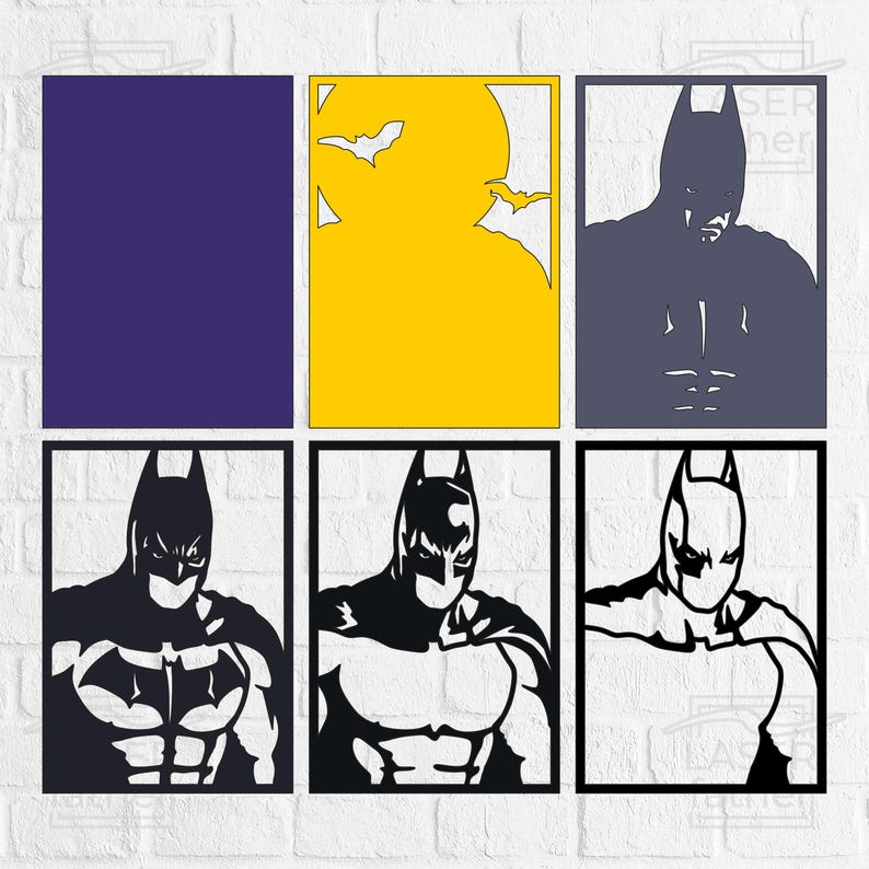 Pu&ograve; includere: Un set di sei pezzi di arte da parete in metallo con un personaggio di supereroe. Il set include uno sfondo viola, giallo e grigio con una silhouette nera del supereroe. Il supereroe &egrave; raffigurato in diverse pose, tra cui una ripresa a figura intera e un primo piano del viso.