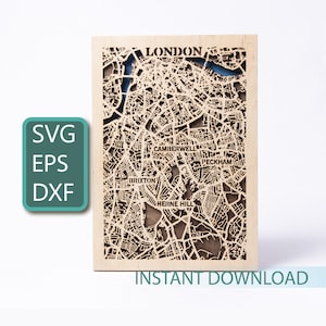 Mapa da cidade de Londres, decoração da Inglaterra, Reino Unido SVG, download instantâneo, arquivos DXF prontos para laser, modelos de máquinas CNC, design vetorial