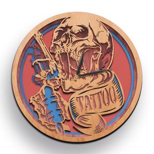 SVG de tatuaje, diseño de calavera, arte con máquina de tatuaje, recortes de madera con láser en 3D, archivo de reloj multicapa, descarga instantánea, proyectos Glowforge, artesanía con CNC