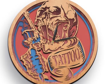 Skull Tattoo Machine 3D houten klok SVG-bestand: lasergesneden Glowforge CNC (digitale download)
