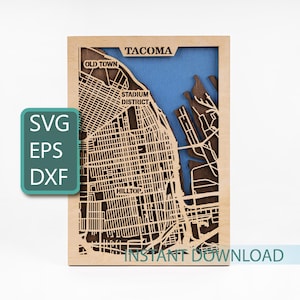 Kaart van Tacoma, digitale kunst van de stad, VS laser vectorbestand, Cricut gesneden sjabloon, Washington State SVG, houten ontwerp, Instant Download