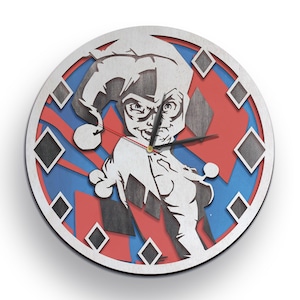 Harley Quinn SVG, corte por láser, personaje de cómic, artesanía en madera en capas 3D, CNC, Xtool, Cricut, reloj de 4 capas, descarga digital instantánea