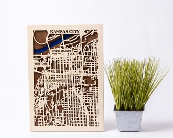 Mapa de Kansas City: Arte en madera cortado con láser en 3D (archivos digitales)
