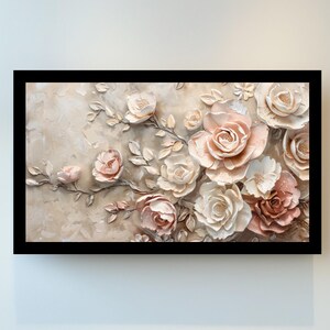 Frame TV Art | Rustic Floral Painting Digital Download | Neutral Toned 3D Textured Flower Art for Frame TV