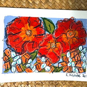 Cartão de felicitações pintado à mão - Tinta guache acrílica - Florais abstratos - 5 x 7
