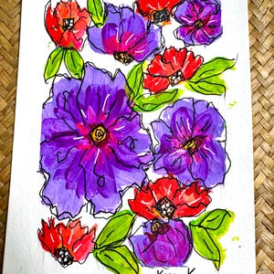 Cartão de felicitações pintado à mão - Tinta guache acrílica - Florais abstratos - 5 x 7