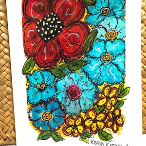Cartão de felicitações pintado à mão - Tinta guache acrílica - Florais abstratos - 5 x 7