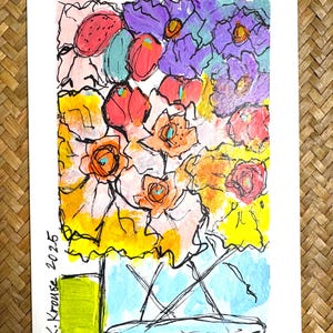 Cartão de felicitações pintado à mão - Tinta guache acrílica - Florais abstratos - 5 x 7
